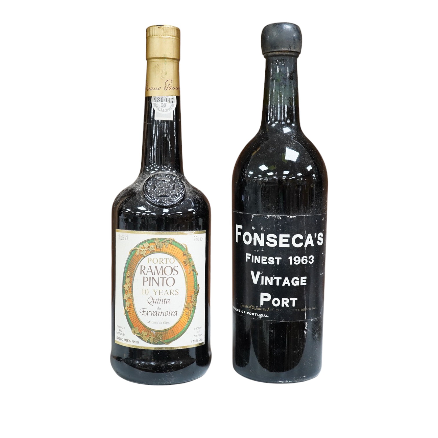 A bottle of Fonseca's vintage port 1963 and a bottle of Porto Ramos Pinto (10 years). Condition - storage unknown, appears good other than some wear